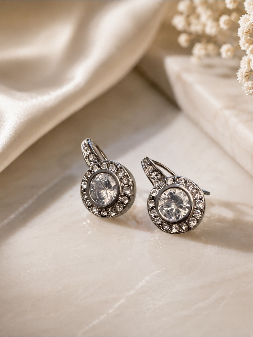 CZ Halo Drop Earrings - Silver Tone